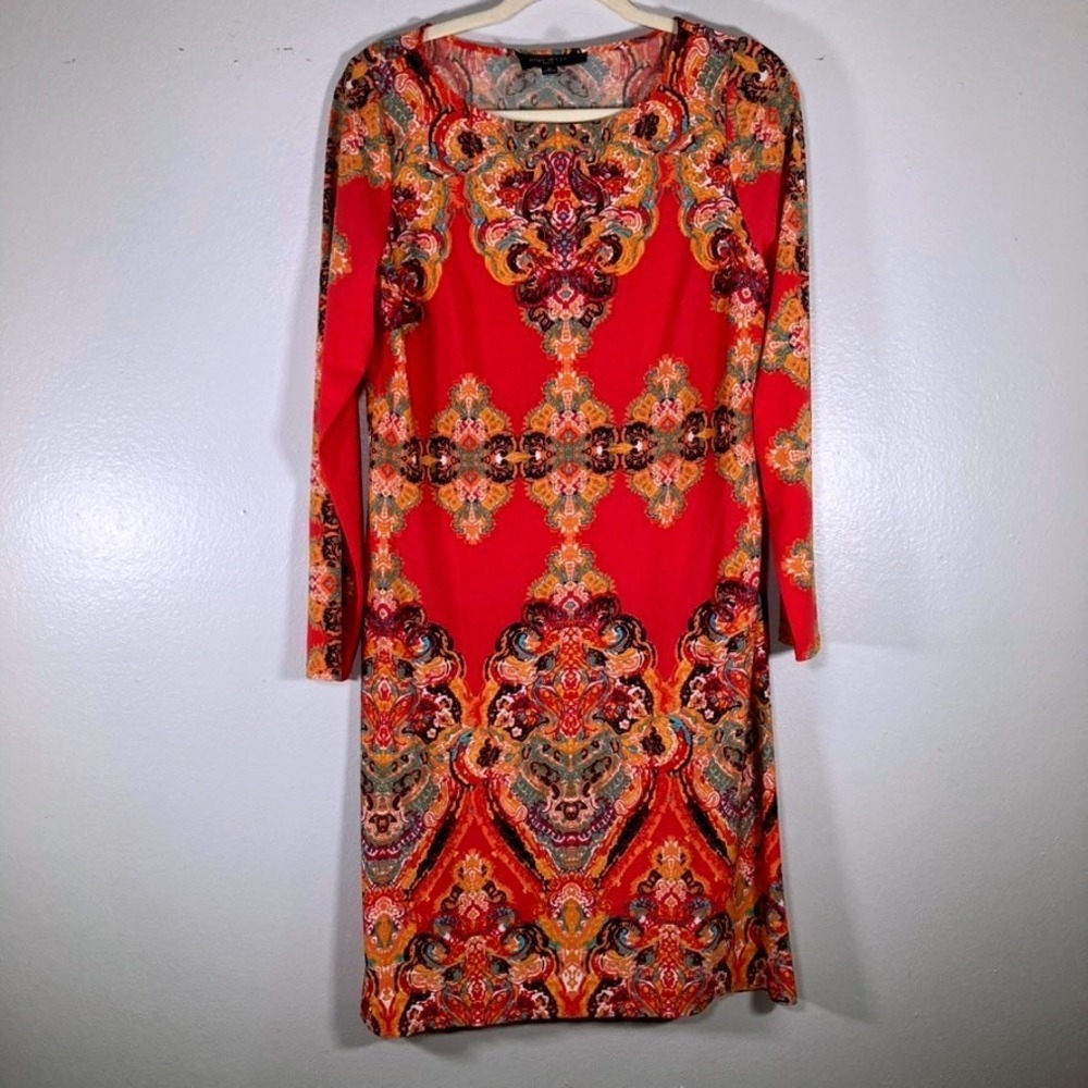 Nine West Womens 10 Red Paisley Medallion Sheath Dress Long Sleeve Size 10
